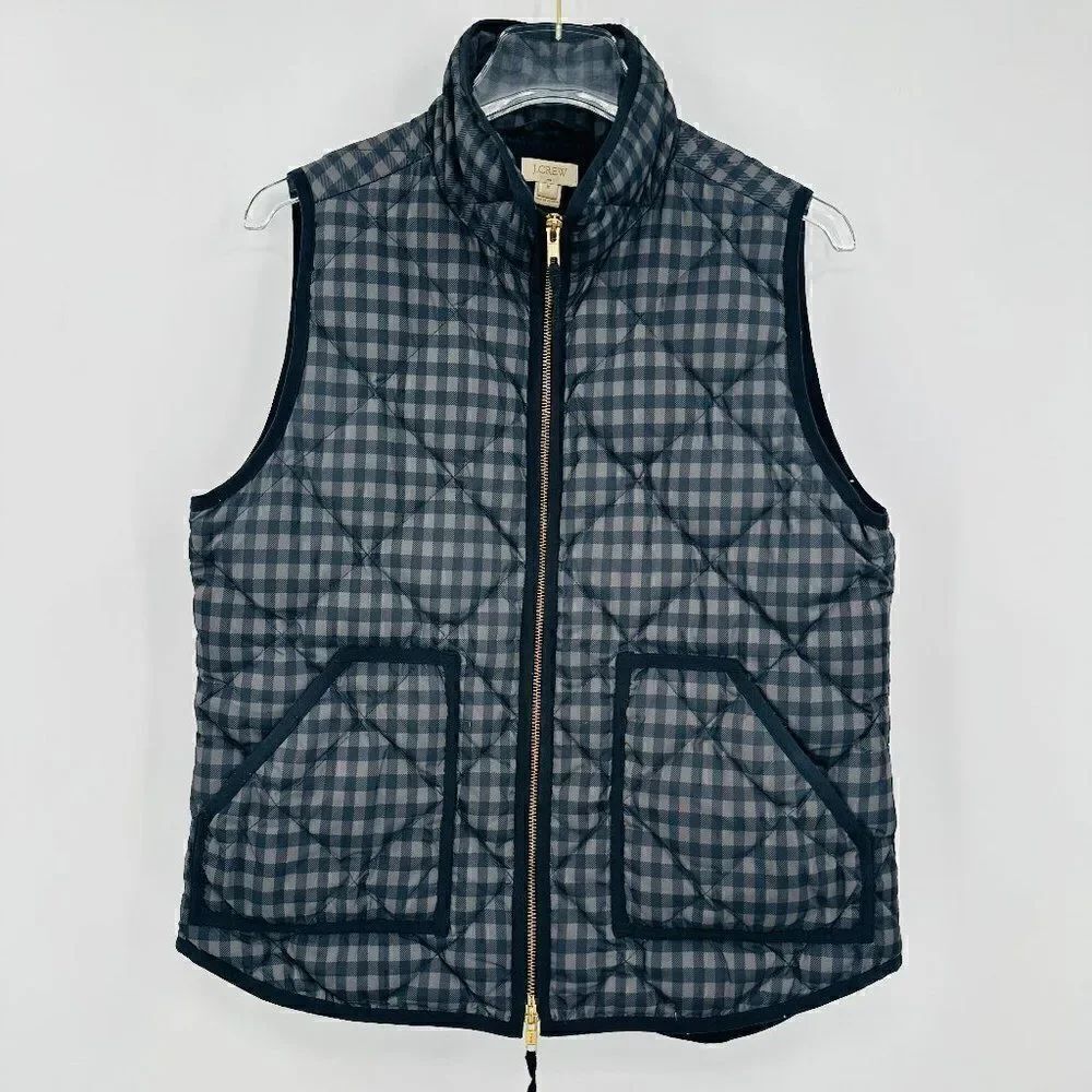 J. Crew Size Medium Black & Gray Plaid Quilted Puffer Vest Zip Up